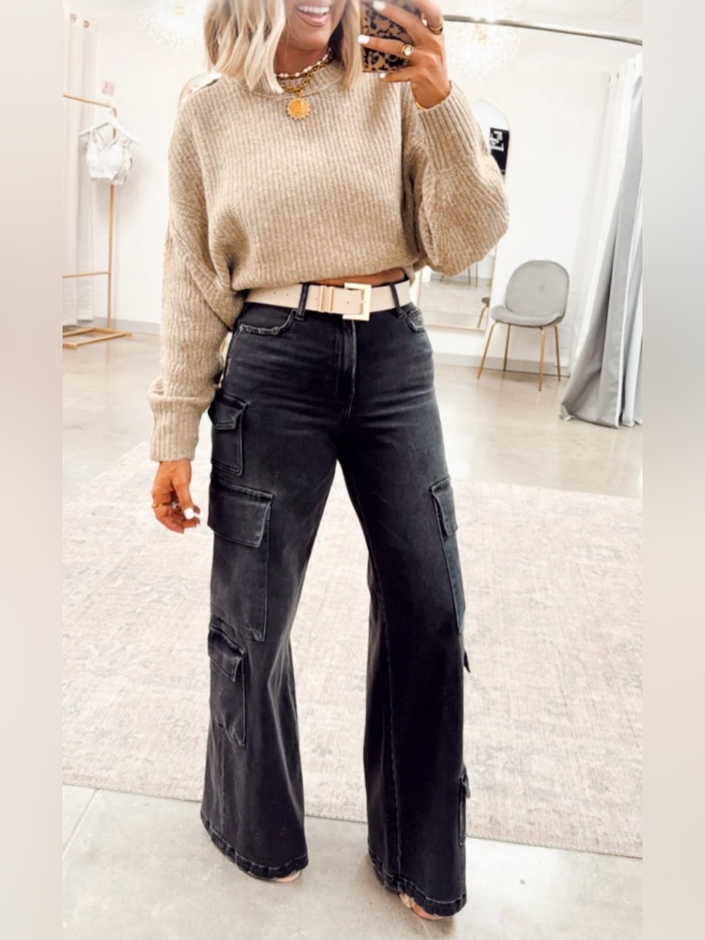 High-Rise Black Wide-Leg Cargo Jeans